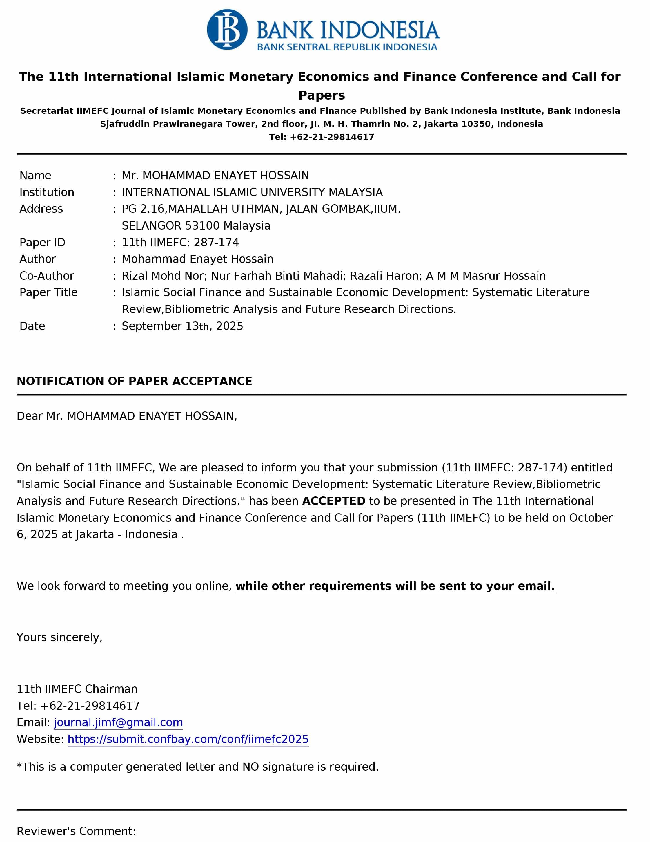 The 11th International Islamic Monetaray Economics and Finance conference and Call for Papers